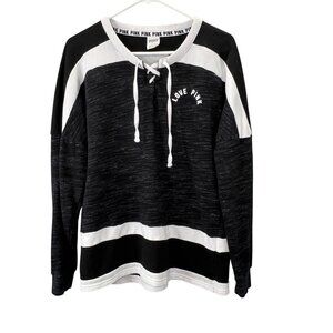 Pink Victorias Secret Sweatshirt M Oversize Pullover Black Laces Varsity Hockey